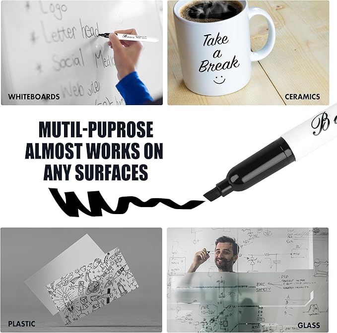 Buecs Black Dry Erase Markers, Low-Odor, 108 Count, Chisel tip, Perfect for Writing on Whiteboards, Dry-Erase Boards, Glass, School Office Supplies