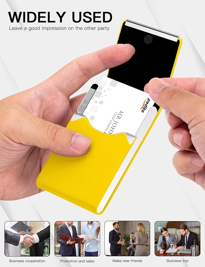 Padike Professional Business Card Holder PU Leather Business Card Case Name Card Holder Slim Metal Pocket Card Holder with Magnetic Shut (Y-Yellow)
