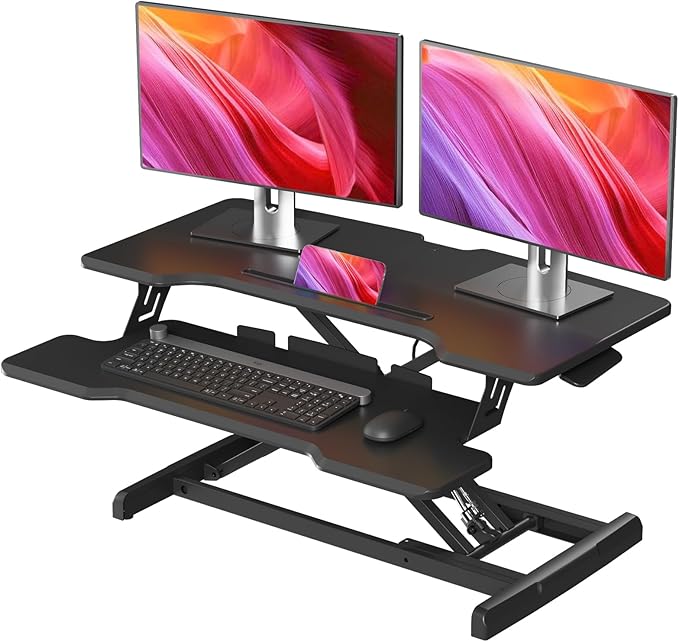 JYLH JOYSEEKER Standing Desk Converter 32 inch, Height Adjustable Sit Stand Desk Riser, Quick Sit to Stand Tabletop Dual Monitor Riser Workstation for Home Office with Keyboard Tray, Black