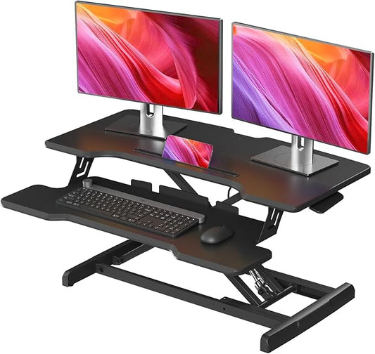 JYLH JOYSEEKER Standing Desk Converter 32 inch, Height Adjustable Sit Stand Desk Riser, Quick Sit to Stand Tabletop Dual Monitor Riser Workstation for Home Office with Keyboard Tray, Black