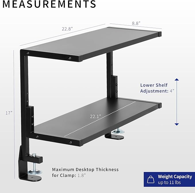 VIVO Clamp-on 24 inch Above or Below Desk 2-Tier Shelving Unit for Table Accessories, Gaming Devices, and More, Storage Tray, Desktop Organizer, Black, STAND-SHELF24C