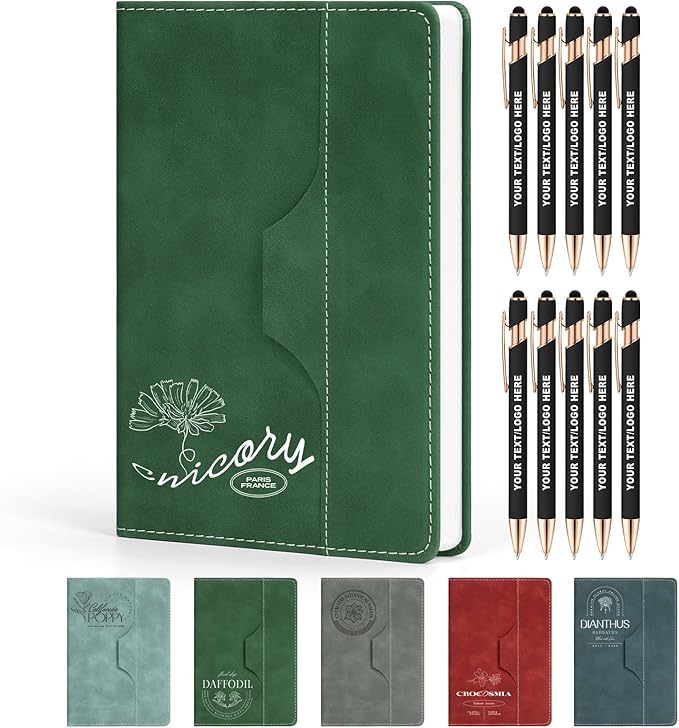 ENOMY Personalized Notebook Set with 10 PC Pens Lined A5 Custom Journal for Writing Men Women Custom Notebook Ideal Friend Girlfriend Gift, Green