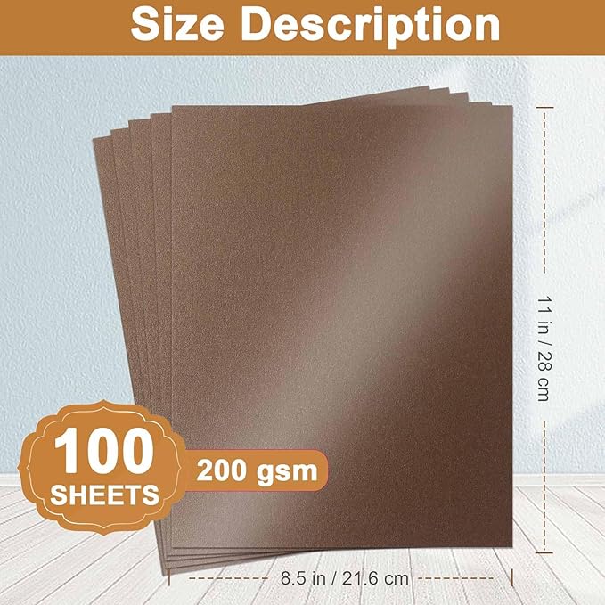 Silunkia 100 Sheets Coffee Shimmer Cardstock 8.5 x 11 Greeting Cards, 200gsm/75lb Thick Glossy Brown Card Stock for Birthday Decorations, Thank You Cards, Wedding, Scrapbooking, Party Invitations