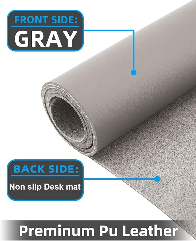 Leather Desk Pad Protector, Large Office Mat & Mouse Pad, Non-Slip Laptop Desk Blotter, Waterproof Writing Pad (Light Grey, 48" x 24")