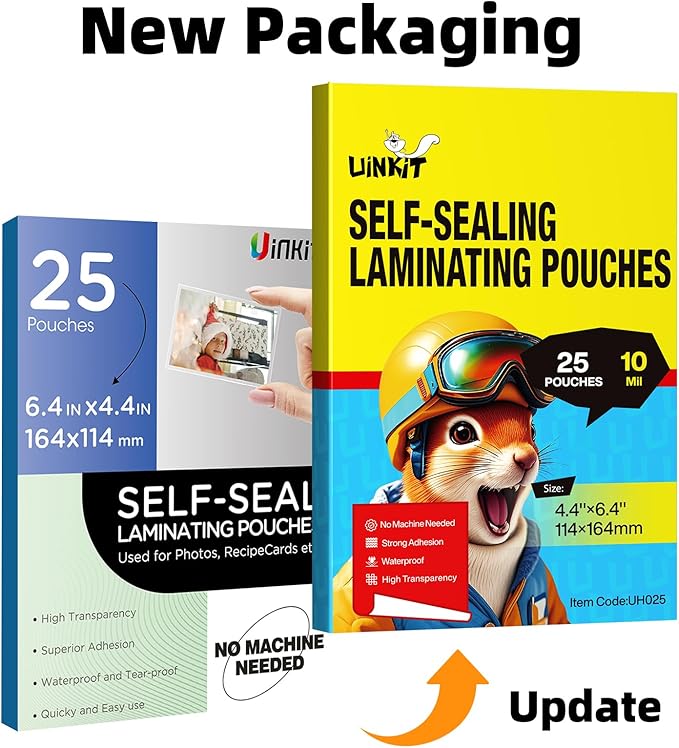 Uinkit 25Pack 4"x6" Self Seal Laminating Pouches, 10Mil Double-Sided for Recipe Cards & Photos, Waterproof Thick Plastic Sleeves to Preserve Pictures, Index Flashcards, Menus