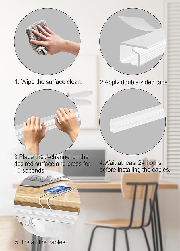 Under Desk Cable Management - Adhesive Cable Organizer for Home & Office, No-Drill Cord Management System, J Channel Cable Raceway for Desk, 6 Pack, White