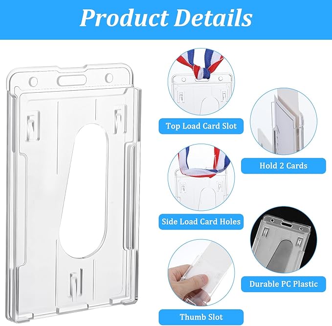 25 Pack Vertical 2-Card Badge Holder, Heavy Duty Hard Plastic ID Card Holder with Thumb Slot, Clear PC Protector Sleeve for Office, School, Credit Cards & Driver's Licenses