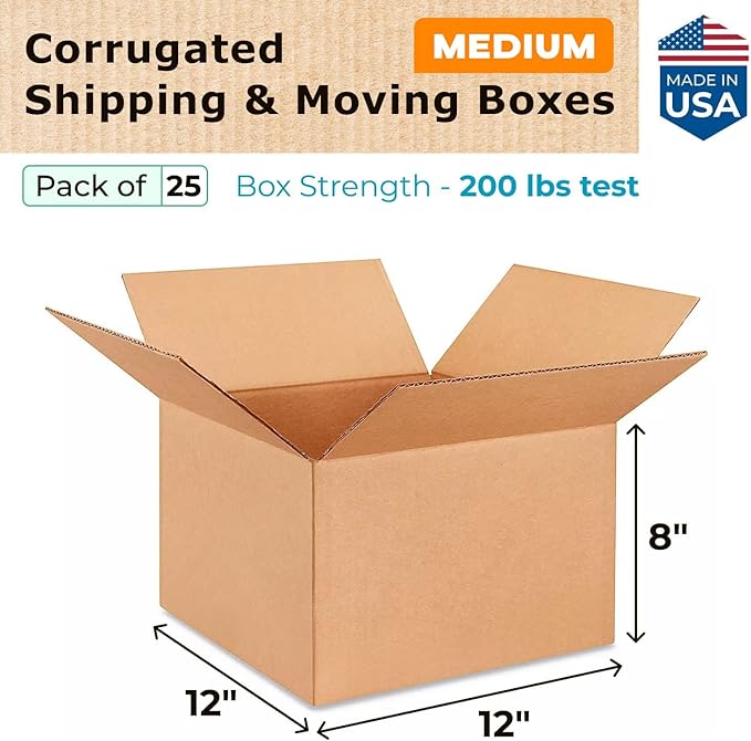 IDL Packaging - B-12128-25 Medium Corrugated Shipping Boxes 12"L x 12”W x 8"H (Pack of 25) - Excellent Choice of Strong Packing Boxes for USPS, UPS, FedEx Shipping
