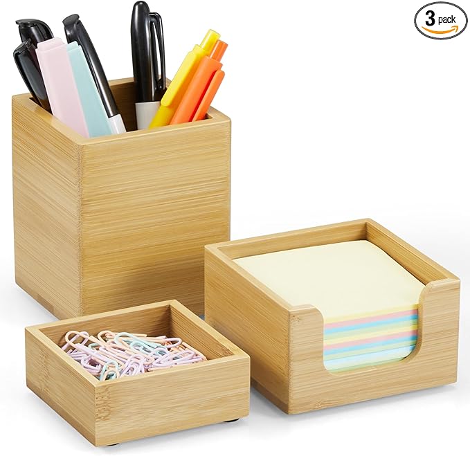 CMLKLZD Desk Organizer Set of 3 - Bamboo Office Desk Accessories - Desk Organizers and Accessories for Women Men - Set incl. Pencil Pen Holder, Paperclip Storage and Sticky Note Holder