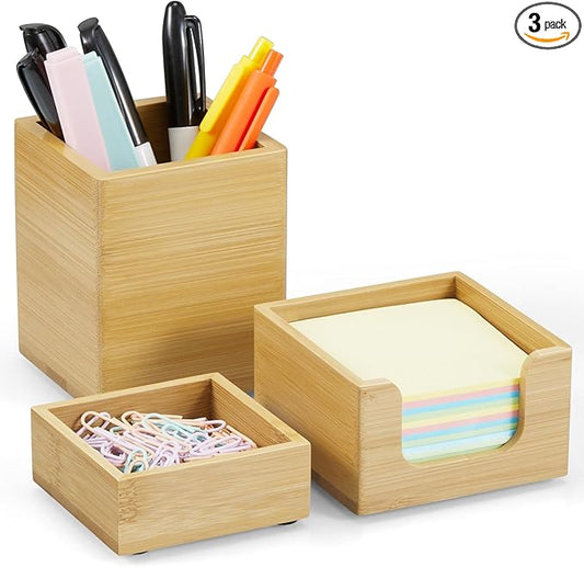 CMLKLZD Desk Organizer Set of 3 - Bamboo Office Desk Accessories - Desk Organizers and Accessories for Women Men - Set incl. Pencil Pen Holder, Paperclip Storage and Sticky Note Holder