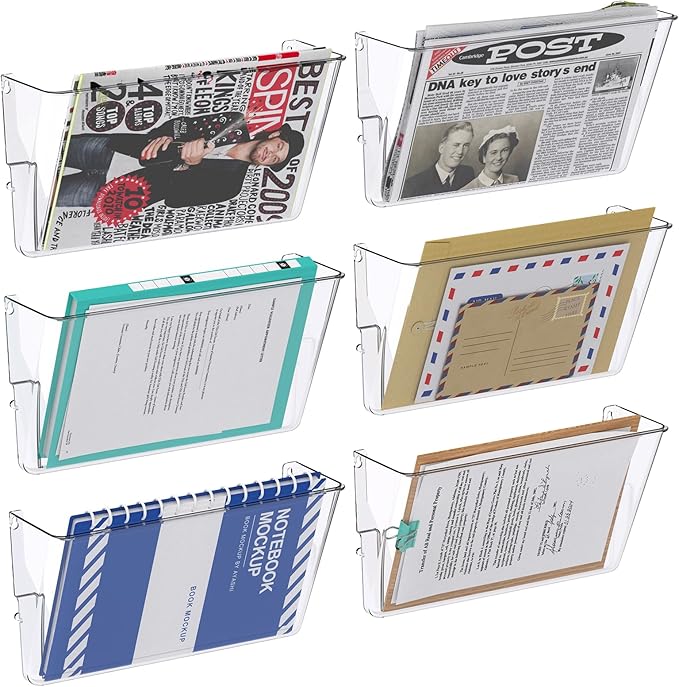 samstar 6 Pack Clear Wall File Holder, Wall Mount Acrylic File Organizer Hanging Wall Pocket Mail Magazines Organizer for Office,Home