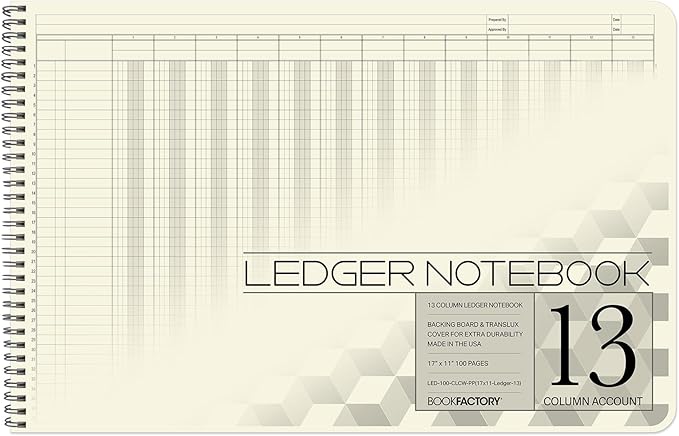 BookFactory Accounting Ledger Notebook/Large 13 Column Accounting Ledger Columnar (Thirteen Columns) Log Book - 17'' x 11'', 100 Pages, Wire-O Landscape Format (Made in USA)