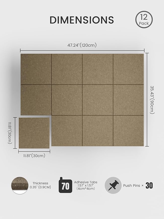 Bumusty Large Cork Board 47"x35" Alternative - 12 Pack Felt Wall Tiles with 70 Safe Removable Adhesive Tabs, 30 Pushpins, Cork Boards for Walls Pin Board Tack Board Cork Board (Dark Brown)