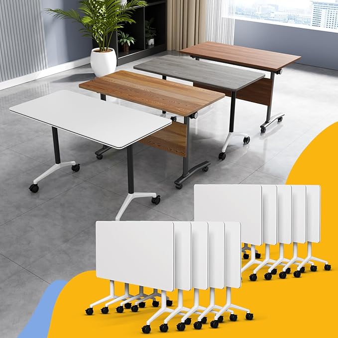 Conference Table Flip Top Mobile Conference Room Tables,Folding Conference Table with Wheels,Large Meeting Training Seminar Table Saving Space for Office Classroom (10, White, 70.8'')