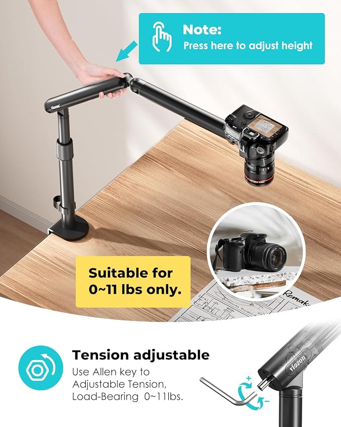 Viozon Overhead Camera Mount, Overhead Phone Stand, Flexible Aluminum Alloy Spring Arm with 360° Ball Head,1/4"&3/8" Interface for DSLR Camera/Rrojector/Microphone/Ring Light/Webcam/Phone
