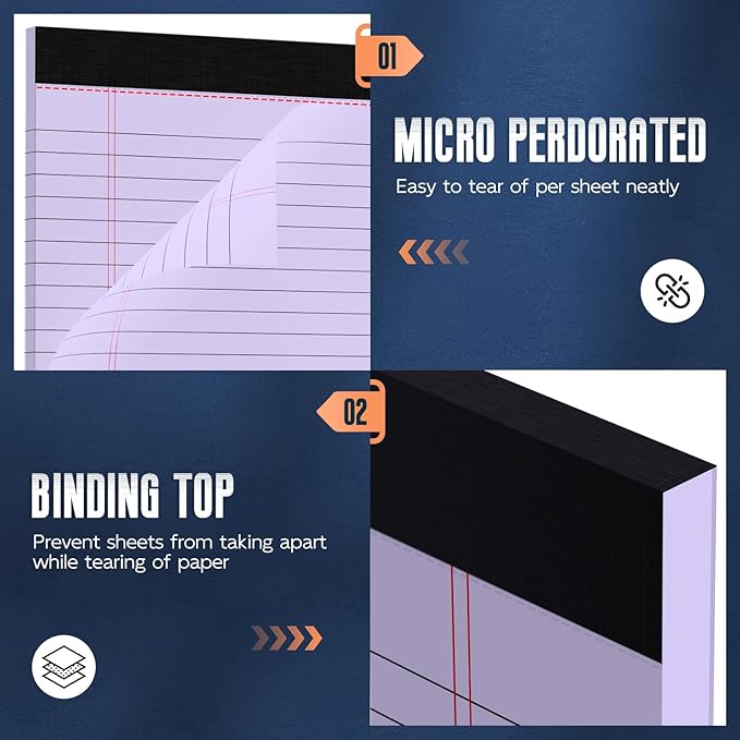 Purple Legal Pad 8.5 x 11 Wide Ruled Note Pads, 3 Pack Notepads 8.5 x 11 Lined Paper Wide Ruled Writing Pad, 30 Sheets Per Note Pad, Micro Perforated Colored Legal Pads 8.5 x 11 for Work/School/Office