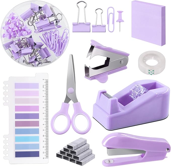 Swpeet 9Pcs Purple Office Supplies Kit, Desk Accessories Including Stapler, Tape Dispenser, Staple Remover, Tabs, Scissors, Staples, Tape, Clips and Sticky Note Ideal for Office and School