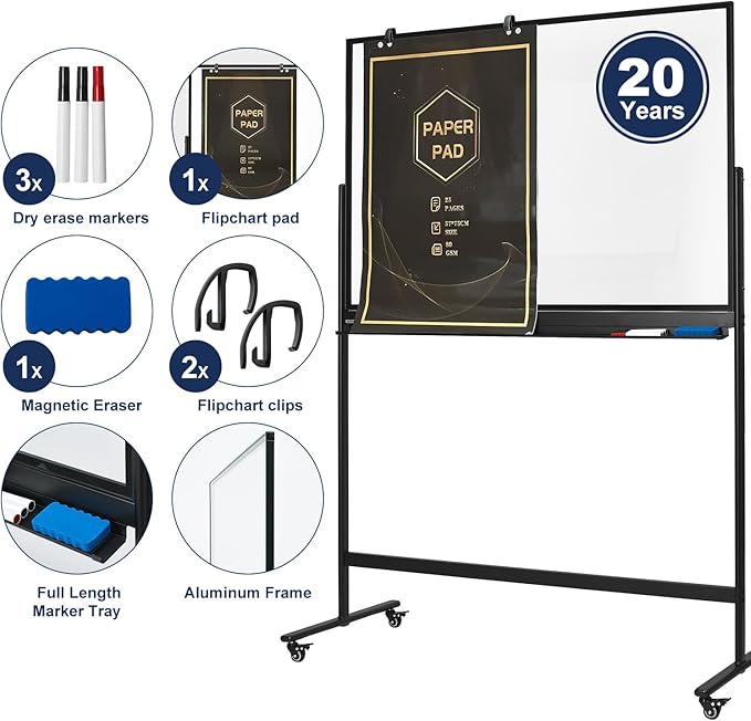 TSJ-OFFICE Rolling Clear-Glass Whiteboard on Wheels - 48" x 32" Mobile Dry Erase Board with Stand, Large Rolling White Board with 25 Sheets Paper Pad, Transparent Tempered Glass Board for Home Office