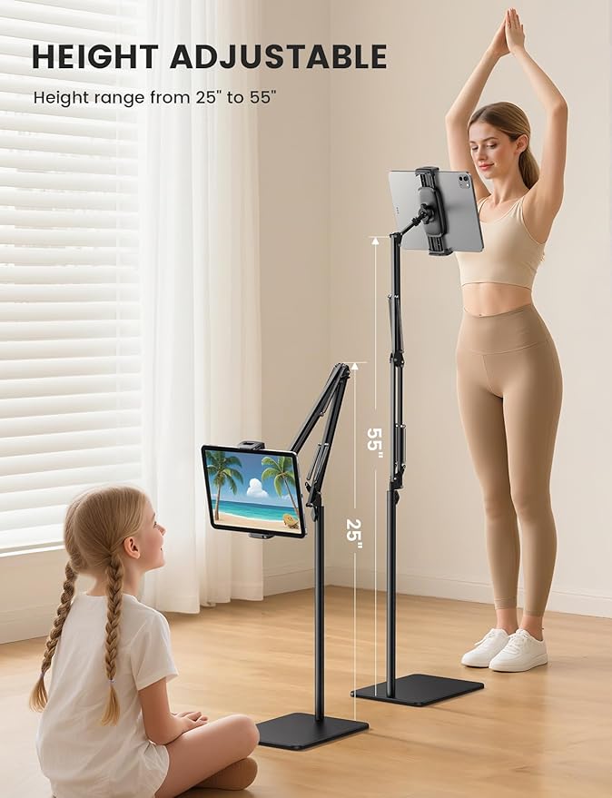 Lamicall Tablet Floor Stand Holder - [55" Height Adjustable][ Flexible Arm] Multi Angle Tablet Holder, 5lb Weighted Base Bed Mount for 4.7-13" Devices, iPad Pro Air Mini, Kindle, Tabs, E-Readers