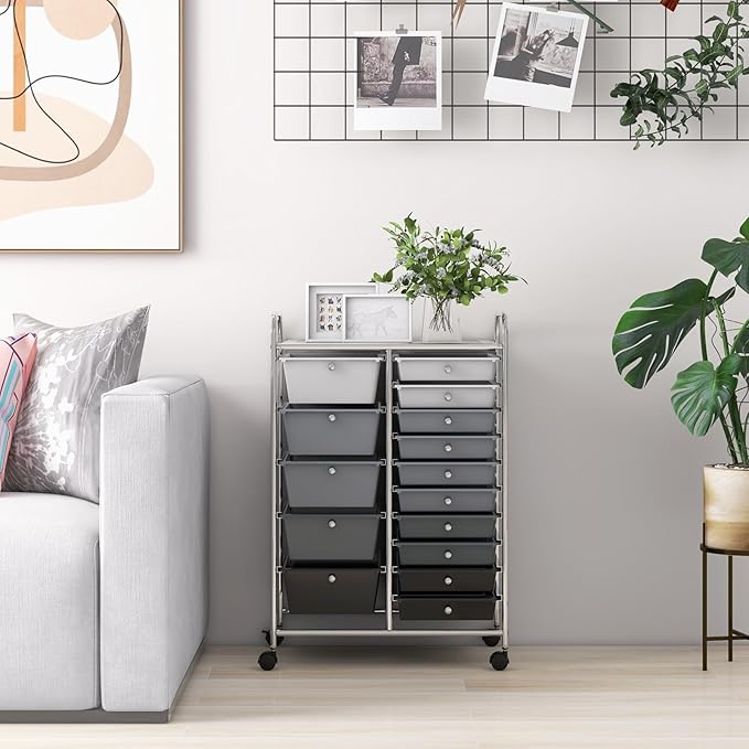 HAPPYGRILL 15-Drawer Rolling Cart, Storage Carts with Removable Drawers & Steel Frame, Utility Cart on Lockable Wheels for Home, School, Office, Black Gradient
