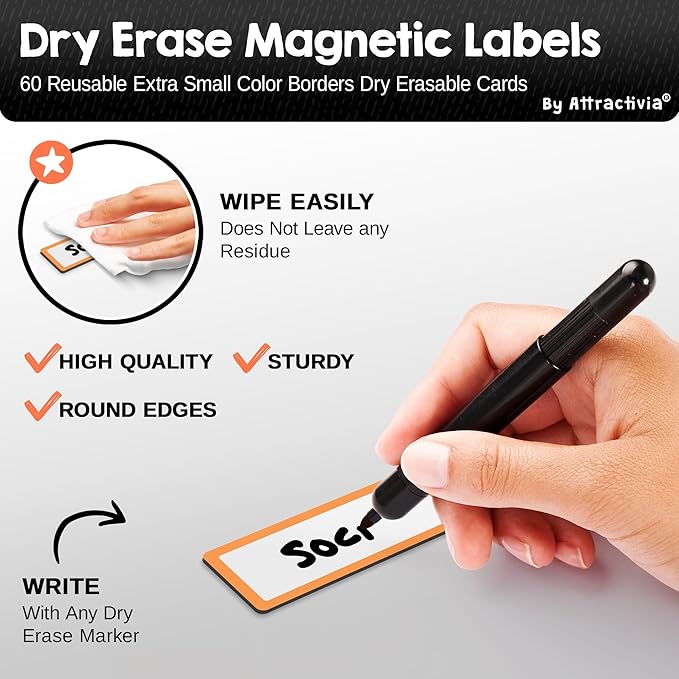 Attractivia Dry Erase Magnetic Labels 2.8 x 1.2 in, Color Borders, Dry Erase Magnets, 60-Pack, White Erasable Write-On All-Purpose Labels, for Office, Education, Home, Whiteboard, Magnetic Name Tags