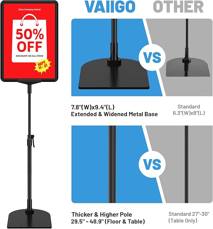 VAIIGO 6Pack Sign Stand for Display A4, Adjustable Poster Stand for Table Top & Floor, Floor Standing Sign Holder, Signage Stands for Business, Tradeshow, Store, Farm Display Stands