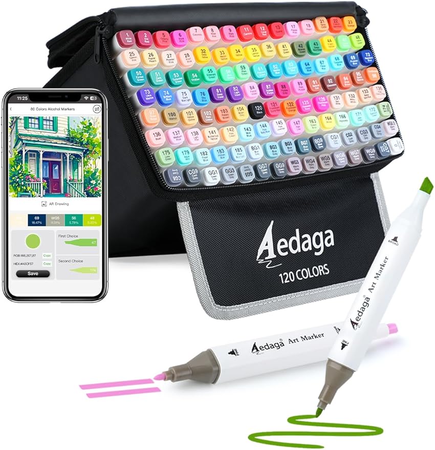 AEDAGA 120 Colors Alcohol Markers with Free App, Dual Tip Art Marker with Kickstand Case for Artists Adults. Alcohol Based Markers for Coloring Painting Sketching and Drawing, Great Gift