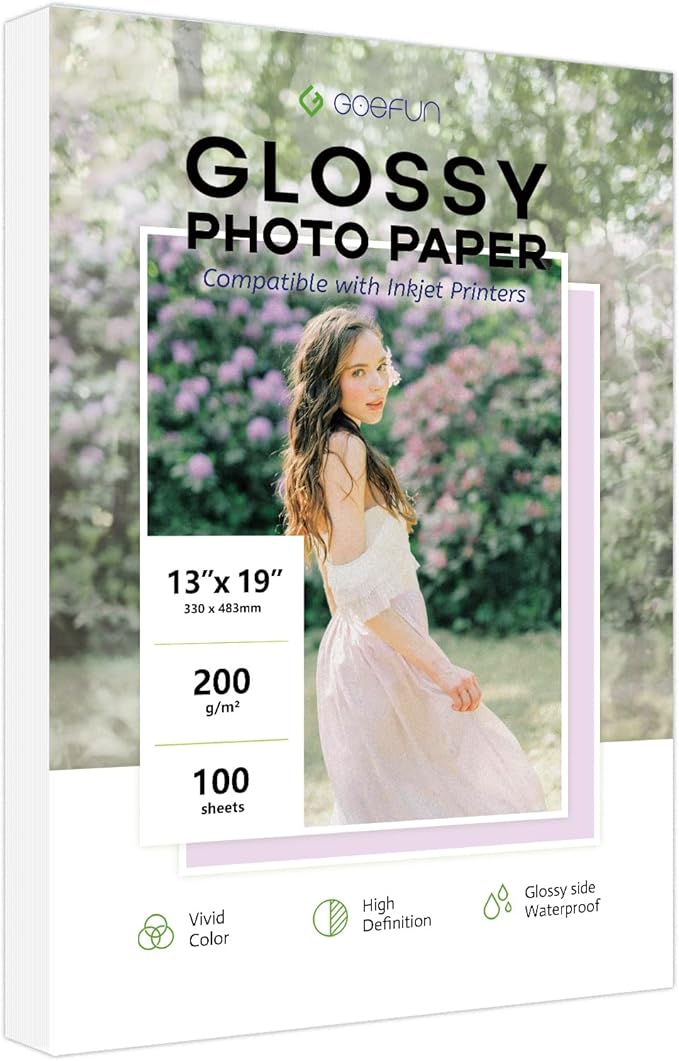 13x19 Photo Paper Glossy, Goefun 200 GSM/54 LB Printer Photo Paper for Inkjet Printer and Dye Ink, 100 Sheets