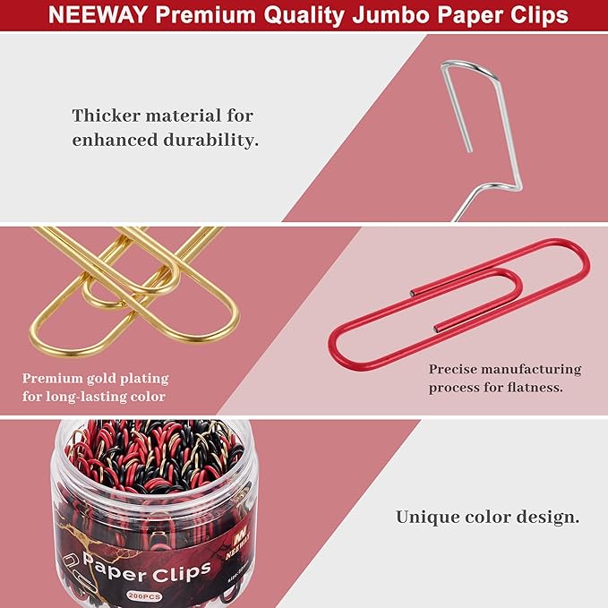 NEEWAY 200pcs Large Paper Clips, 2 Inch Jumbo Paper Clip, Ceative Colored Paperclips for Paperwork Office School and Personal Use