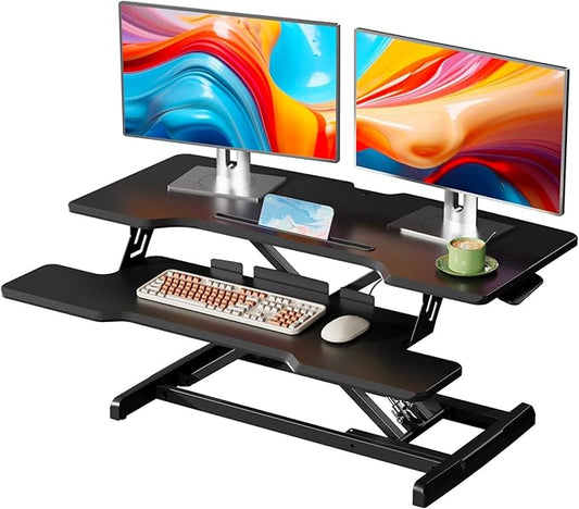 JYLH JOYSEEKER 35" Standing Desk Converter, Height Adjustable Desktop Riser with Keyboard Tray for Two Monitors, Sit to Stand up Computer Workstation for Home Office, Black