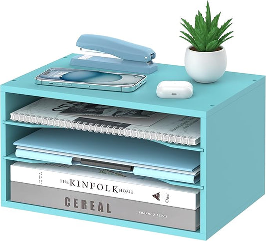 SHARKWOODS Wood Desk Organizer, 3 Tier Paper Tray Organizer for Desk with Adjustable Storage Shelves, Desktop File Organization Paper Sorter Mail Holder for Office Home Classroom, Blue