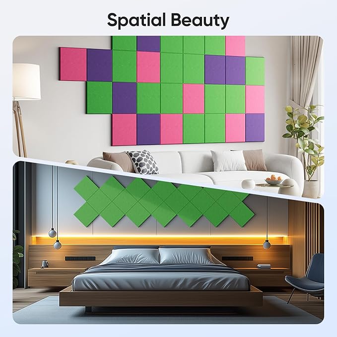 UNECHO 12 Pack 12" X 12" X 0.4" Acoustic Panels for Wall Sound Absorbing, Square Self-Adhesive Sound Panel, High Density Suitable for Multiple Scenarios(Lush Green)