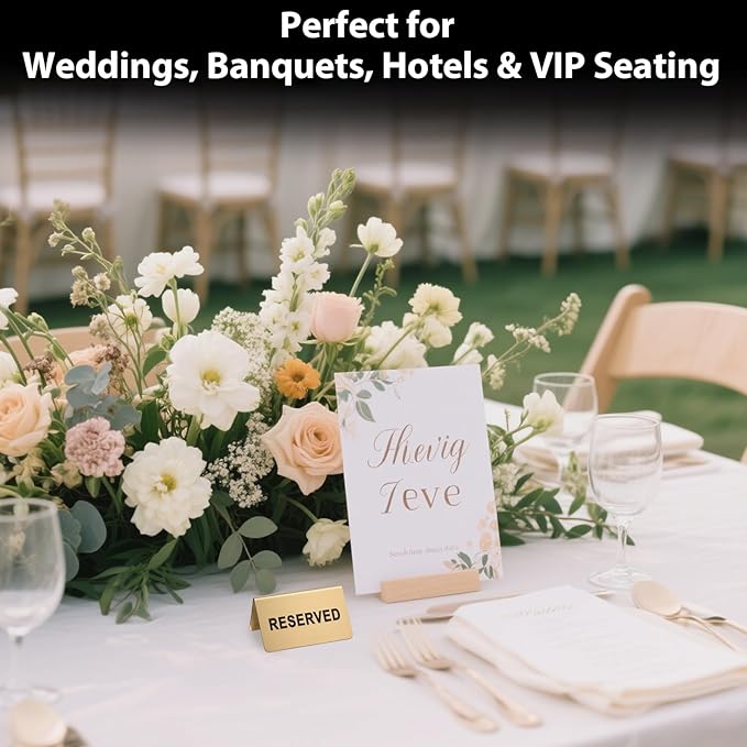 Stainless Steel Reserved Table Sign, Set of 6, 2.36 x 3.94 Inch Tent-Style Signs, Brushed Gold Metal, Durable and Easy to Read for Restaurants, Cafes, Hotels, Weddings, and Events (Gold)
