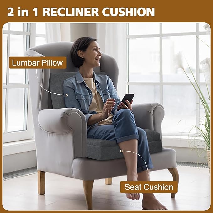 TANYOO Recliner Cushion for Elderly with Lumbar Support Pillow - 20x20x5 Inch Extra Thick Recliner Seat Cushion for Seniors Relief Back Pain and Tailbone Pain from Long Sitting Non-Slip Bottom