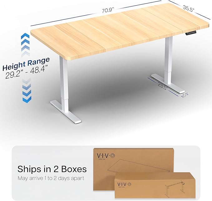 VIVO Electric 71 x 36 in Standing Desk, Memory Height Adjustment, 1B Series, Holds 220 lbs, Light Wood Top White Frame, DESK-KIT-1W7C-36