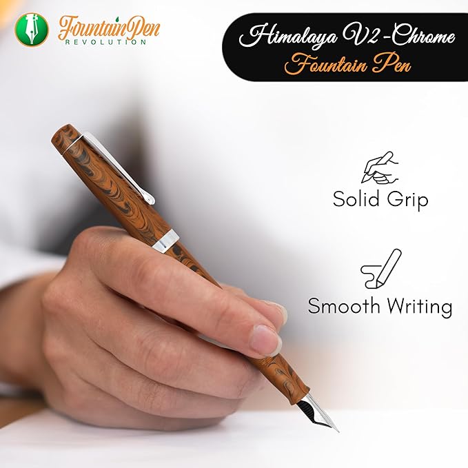FPR Himalaya V2-Chrome Ultra Flex Nib Pen - Twist-Style Converter Filled Calligraphy Pens for Writing - Fancy Pens for Men & Women - Flex Fountain Pen w/Metal Clip & Cap Ring (Brown Ebonite)