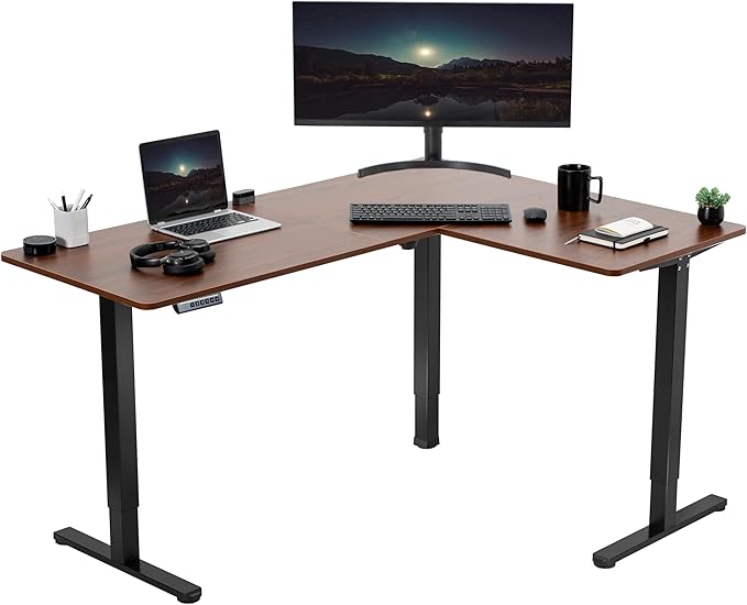 VIVO Electric Corner 63 x 47 inch L-Shaped Standing Desk, Memory Height Adjustment, Dark Walnut Top Black Frame, DESK-E3CTD-47