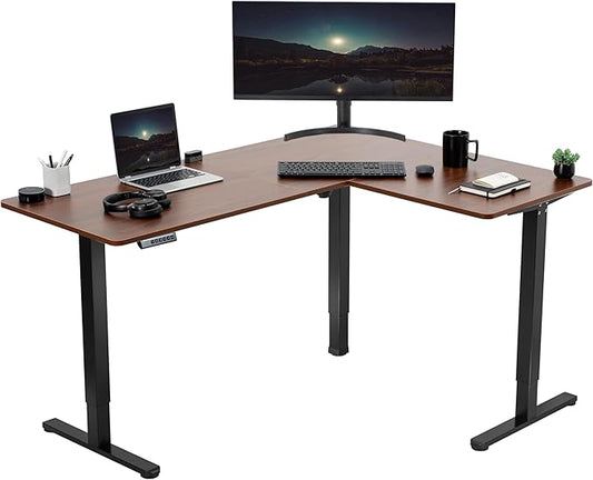 VIVO Electric Corner 63 x 47 inch L-Shaped Standing Desk, Memory Height Adjustment, Dark Walnut Top Black Frame, DESK-E3CTD-47