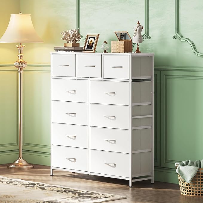 WLIVE Tall Dresser for Bedroom, Fabric Dressers Storage Tower, Dresser & Chest of Drawers Organizer Unit with 11 Drawers, Storage Cabinet, Hallway, Closets, Steel Frame, Wood Top, White
