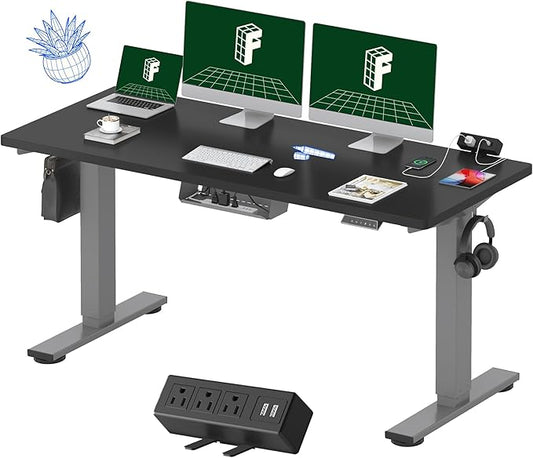 FLEXISPOT EN2 Whole-Piece Standing Desk with Clamp Power Strip, 60 x 24 Electric Stand Up Height Adjustable Desk with Cable Management (Gray Frame + Black Top, 2 Packages)