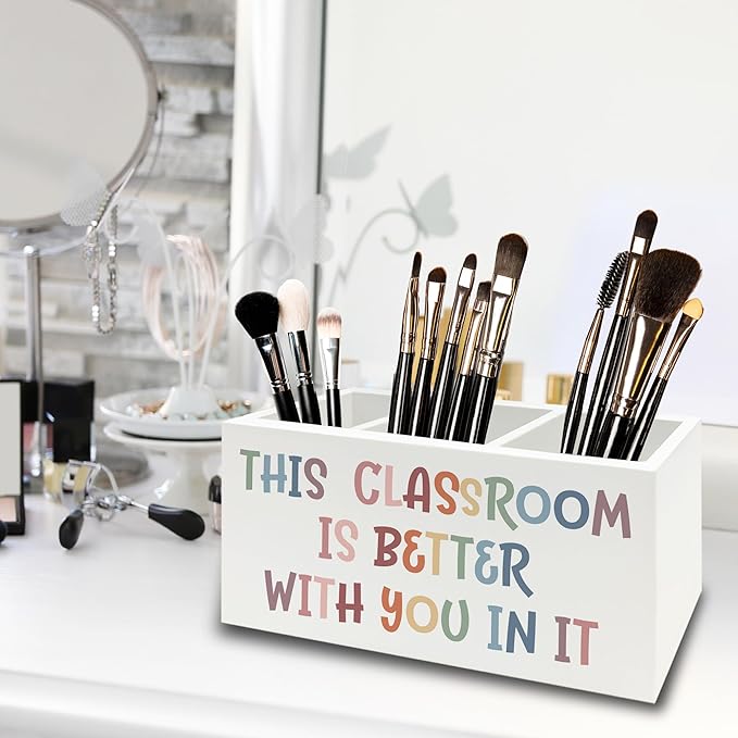 XPH Boho Classroom Pen Pencil Holder Organizer for Desk, Inspirational Gifts, This Classroom is Better with You In It Wooden Box Sign for Home Office Desk Tabletop Decorations