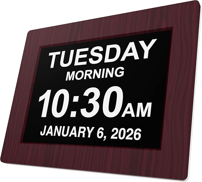 American Lifetime, New Version, Day Clock Extra Large Impaired Vision Digital Clock with Battery Backup and 5 Alarm Options, Premium Mahogany Color, 8 inch