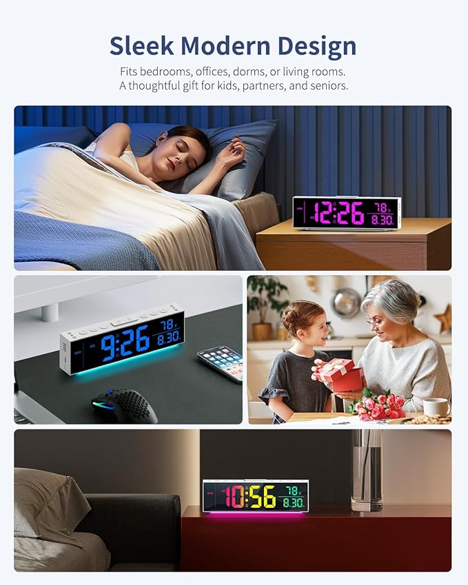 Digital Clock, Alarm Clock for Bedroom, Digital Wall Clocks for Classroom, Living Room Decor, Desk Clock Large Display, 13 Number Display Colors, 12 Ambient Light Colors, Auto Dimming, DST (White)