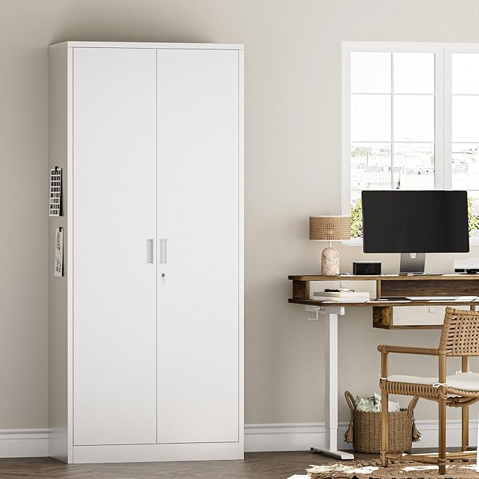 TaskStorz Steel SnapIt Cabinet, 71 Inch Metal Storage Cabinet with Locking Doors and 5 Adjustable Shelves, Garage Cabinet, Tool Cabinets for Office and Home Use (White)