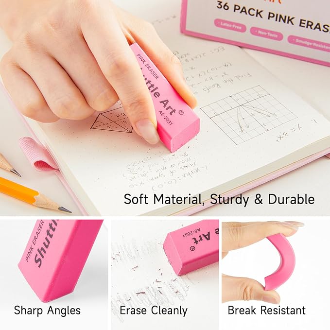 Shuttle Art Pink Erasers, 36 Pack Erasers Bulk, Latex-Free, No Smudge, Soft Eraser for Kids, Teachers, Homeschools, Art Classes and Back to School Supplies
