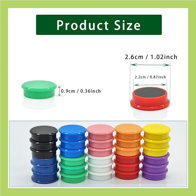 PYJLBX Fridge Magnets, 30 Pack Strong Refrigerator Magnets, Colorful Cute Mini Round Magnets for Whiteboard, 10 Colors Heavy Duty Small Magnet for Fridge Office Locker Crafts Classroom Dry Erase Board