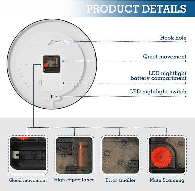 Vozoza Pickleball Game Sports 12 Inch Analog Wall Clocks Battery-Operated with Led Lights for Living Room Bedroom Kitchen Office Decor, Battery Not Included
