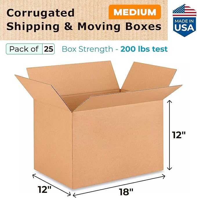 Medium Shipping & Moving Boxes 18"L x 12"W x 12"H (25-Pack) - Extra Strength 200 lb vs Regular - Corrugated Strong Boxes for Packaging - Medium Moving Box - Cardboard Moving Box by IDL Packaging