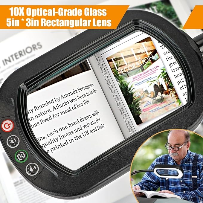 Veemagni 10X Rectangle Magnifying Glass with Light and Stand, Flexible Gooseneck LED Lighted Desk Lamp, 5 Color Modes Stepless Dimmable, Hands Free Magnifier for Reading Crafts Painting Close Work