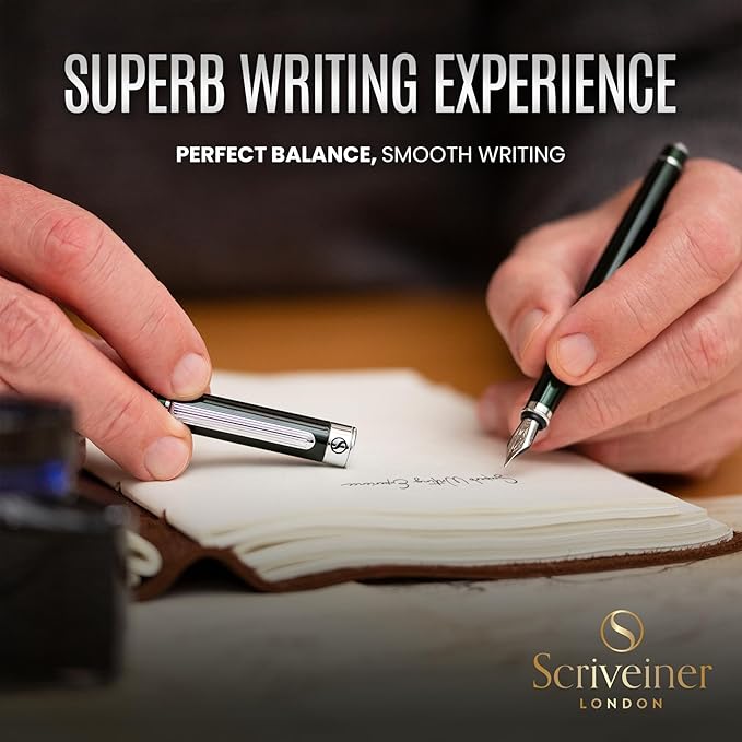 Scriveiner British Racing Green Fountain Pen - Stunning Luxury Pen with Chrome Finish, Schmidt Nib (Fine), Best Pen Gift Set for Men & Women, Professional, Executive, Office, Nice Pens